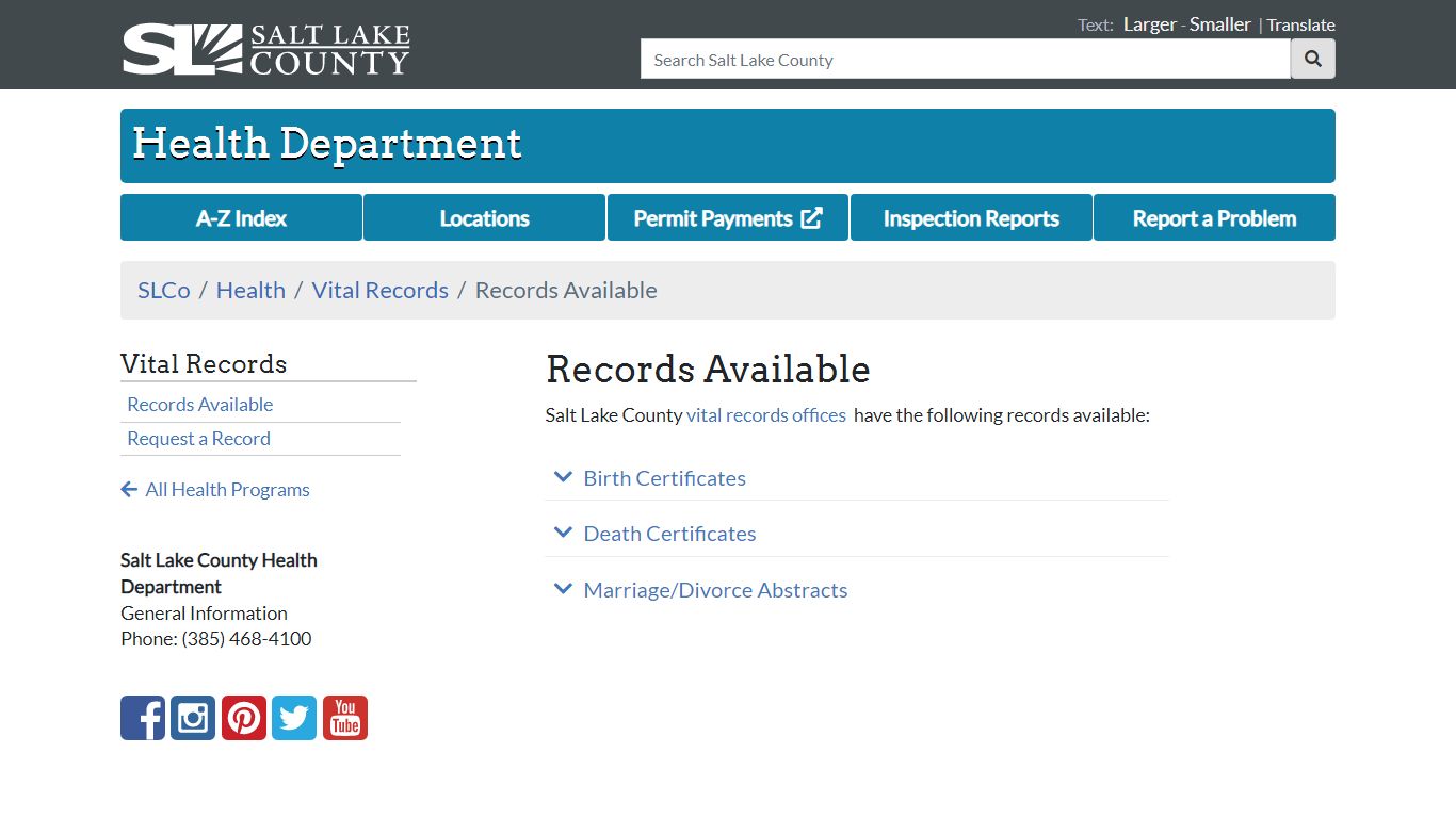 Records Available - Health Department | SLCo - Salt Lake County, Utah